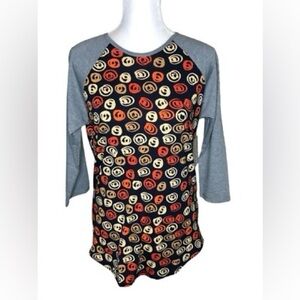 NWT Lularoe Randy Navy Blue Orange Tan Cream Circles w/ Gray Sleeve Size 2XL